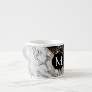 Trendy Black & White Marble Stone -Add Your Letter Espresso Cup