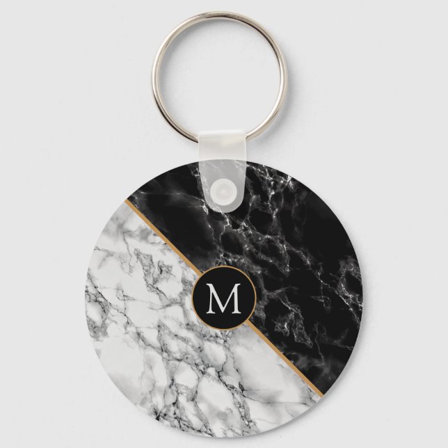 Trendy Black & White Marble Stone -Add Your Letter Key Ring (Front)