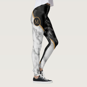 Trendy Black & White Marble Stone -Add Your Letter Leggings