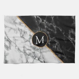 Trendy Black & White Marble Stone -Add Your Letter Tea Towel