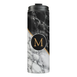 Trendy Black & White Marble Stone -Add Your Letter Thermal Tumbler