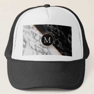 Trendy Black & White Marble Stone  Add Your Letter Trucker Hat