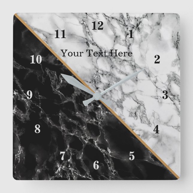 Trendy Black & White Marble Stone - Add Your Text Square Wall Clock (Front)