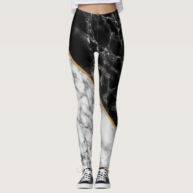 Trendy Black & White Marble Stone Leggings (Front)