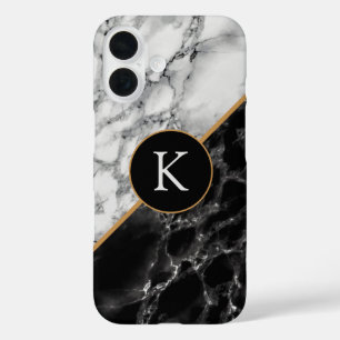 Trendy Black & White Marble Stone - Personalised iPhone 16 Case