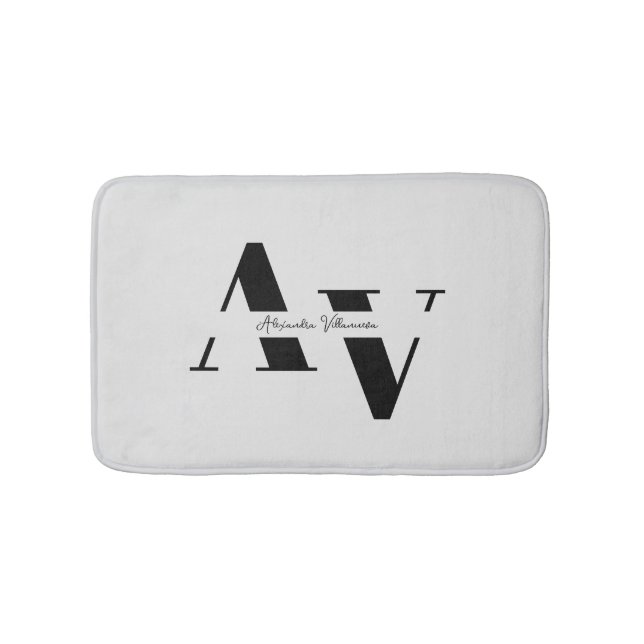 Trendy Black White Minimalist Girly Monogram Name  Bath Mat (Front)