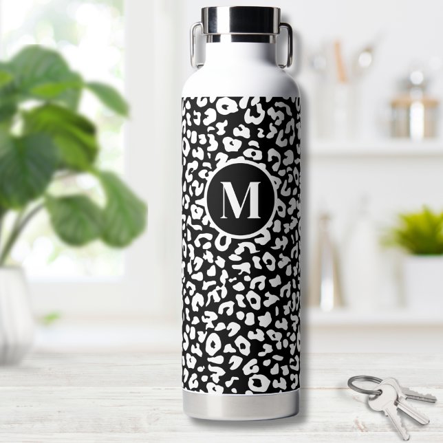 Trendy Black White Monogram Water Bottle (Black Leopard Monogram Water Bottle)