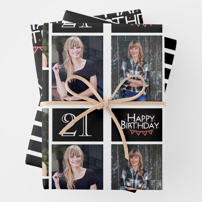 Trendy Black White Photo Collage 21st Birthday  Wrapping Paper Sheet (In situ)