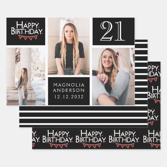 Trendy Black White Photo Collage 21st Birthday  Wrapping Paper Sheet (Set)
