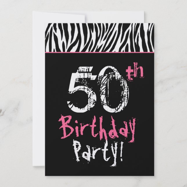 Trendy Black White Pink Zebra 50th Birthday Invitation (Front)