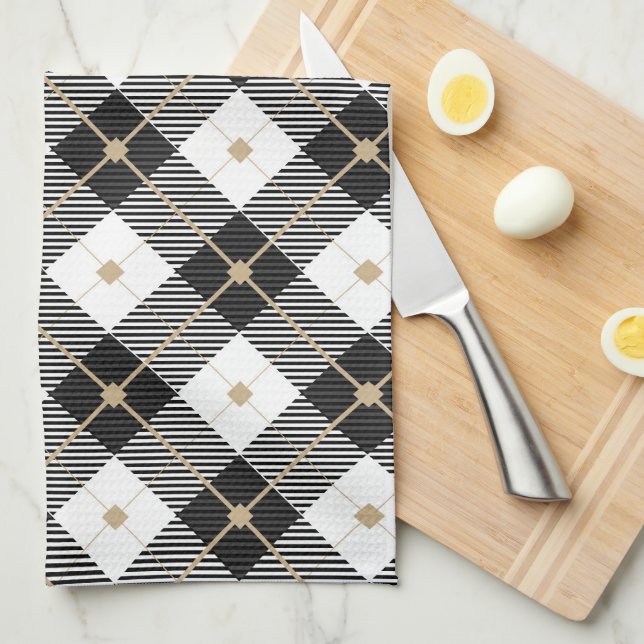 Trendy Black White Plaid Pattern  Tea Towel (Quarter Fold)