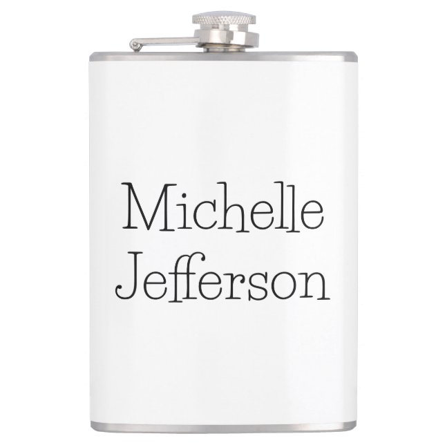 Trendy Black & White Script Name Chic Hip Flask (Front)