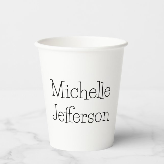 Trendy Black & White Script Name Chic Paper Cups (Front)
