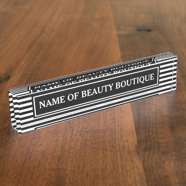 Trendy Black White Stripes Hair and Beauty Salon Nameplate (Side)