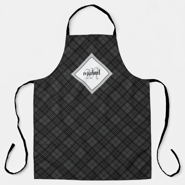 Trendy Black white tartan Personalise Monogram Apron (Front)