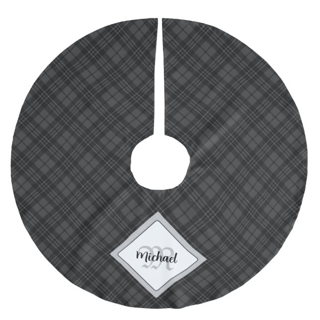 Trendy Black white tartan Personalise Monogram Brushed Polyester Tree Skirt (Front)