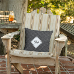 Trendy Black white tartan Personalise Monogram Cushion