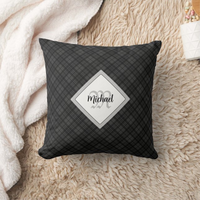 Trendy Black white tartan Personalise Monogram Cushion (Blanket)