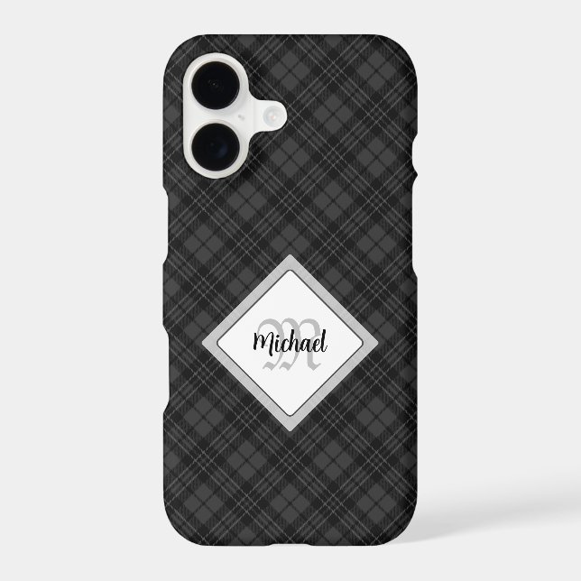Trendy Black white tartan Personalise Monogram iPhone Case (Back)