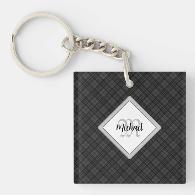 Trendy Black white tartan Personalise Monogram Key Ring (Front)
