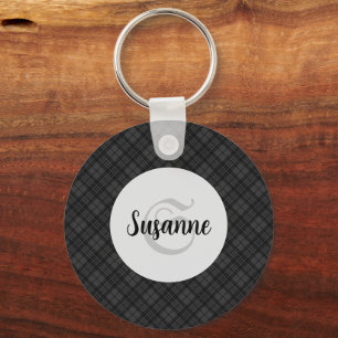 Trendy Black white tartan Personalise Monogram Key Ring