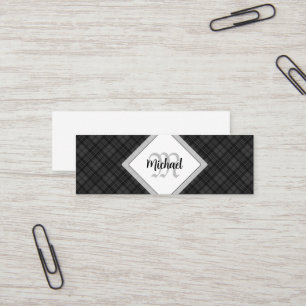 Trendy Black white tartan Personalise Monogram Mini Business Card