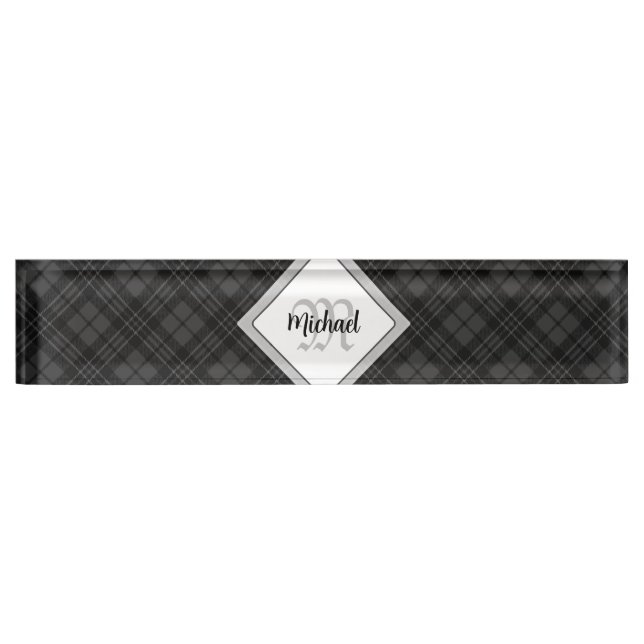 Trendy Black white tartan Personalise Monogram Nameplate (Front)