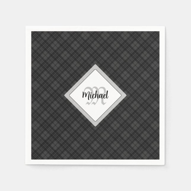 Trendy Black white tartan Personalise Monogram Napkin (Front)