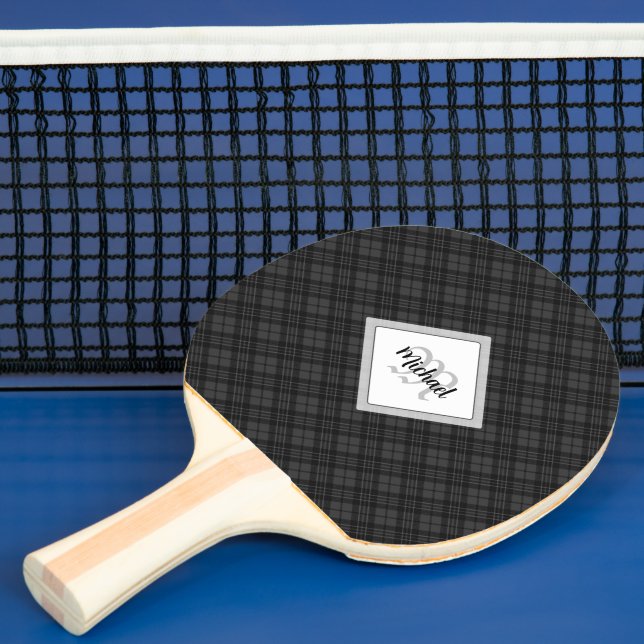 Trendy Black white tartan Personalise Monogram Ping Pong Paddle (Insitu)