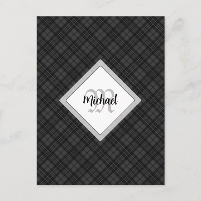 Trendy Black white tartan Personalise Monogram Postcard (Front)