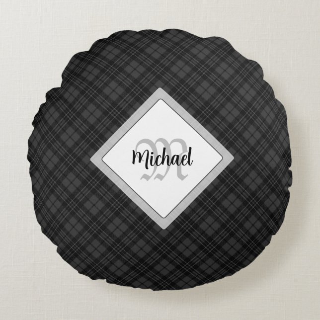 Trendy Black white tartan Personalise Monogram Round Cushion (Front)
