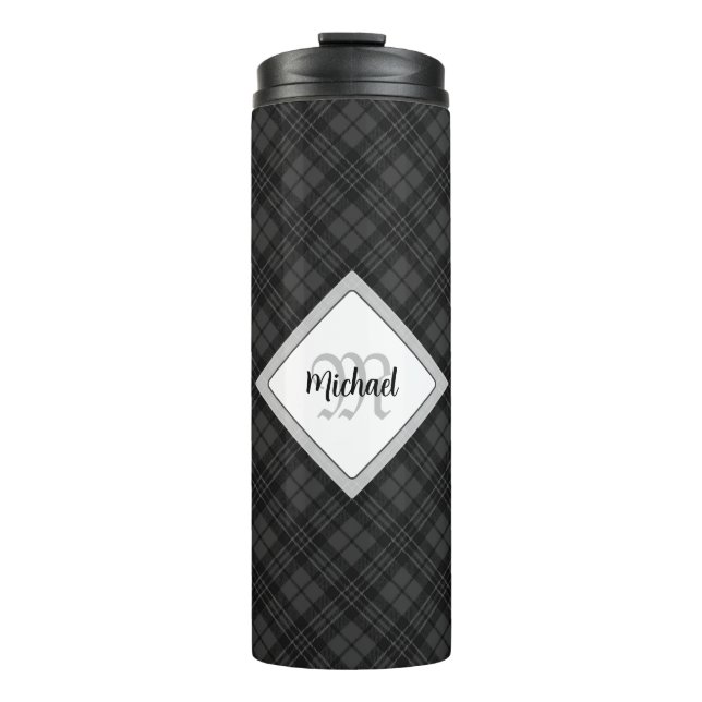 Trendy Black white tartan Personalise Monogram Thermal Tumbler (Front)