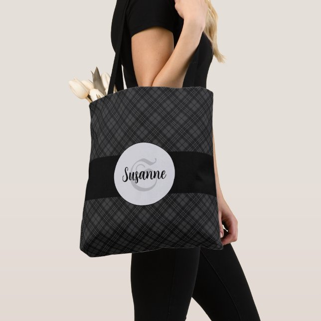 Trendy Black white tartan Personalise Monogram Tote Bag (Close Up)