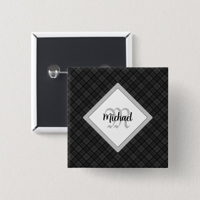 Trendy Black white tartan Personalize Monogram 15 Cm Square Badge (Front & Back)