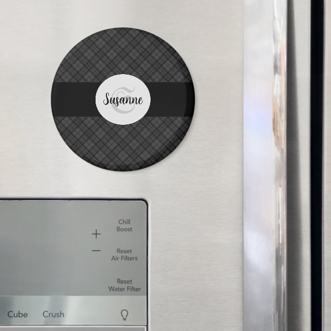 Trendy Black white tartan Personalize Monogram Magnet (In Situ (Fridge))