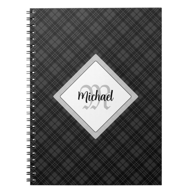 Trendy Black white tartan Personalize Monogram Notebook (Front)