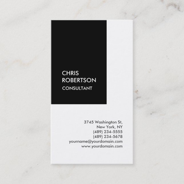 Trendy black white vertical unique business card (Front)