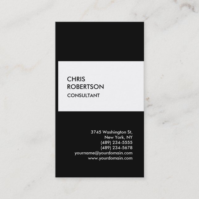 Trendy black white vertical unique business card (Front)