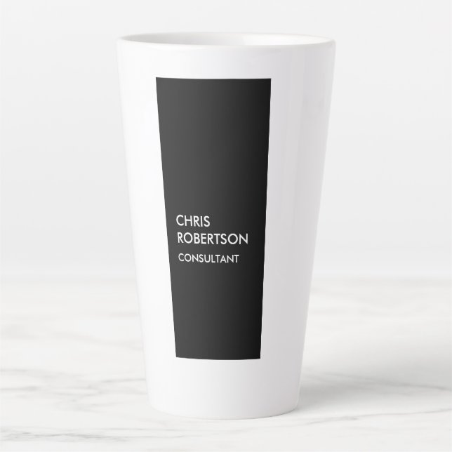 Trendy black white vertical unique business card latte mug (Front)