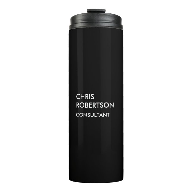 Trendy black white vertical unique business card thermal tumbler (Front)