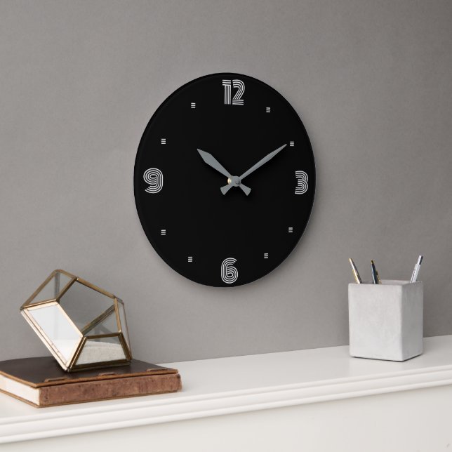 Trendy Black with Silver White Numerals and Hands  Large Clock (Office)
