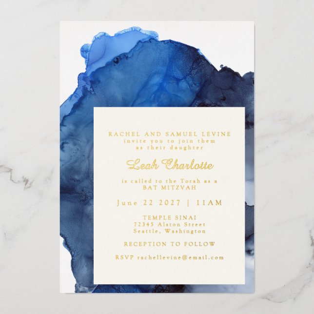 Trendy Blue Abstract Watercolor Bat Mitzvah Gold (Front)