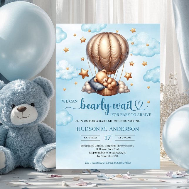 Trendy Blue and gold bearly wait Boy Baby Shower Invitation ( we can bearly wait blue and gold boy baby shower invitation)