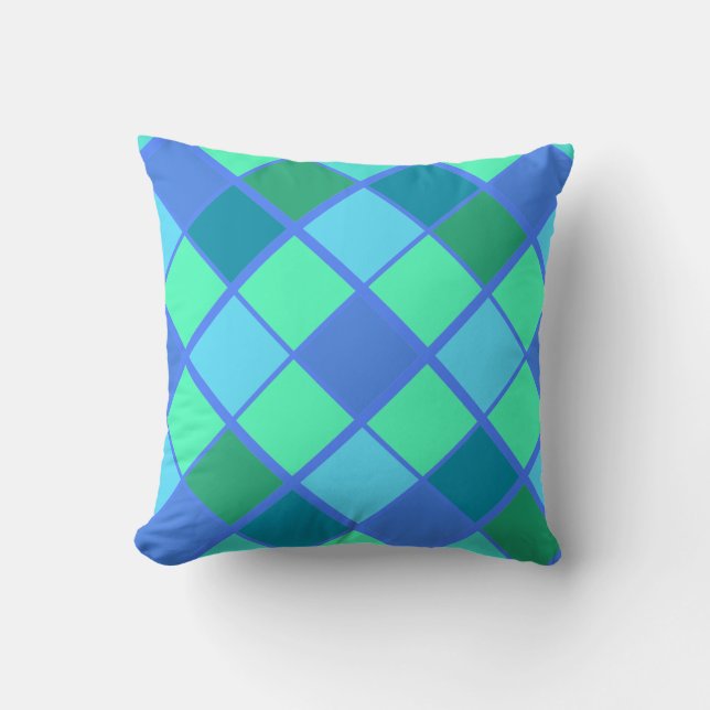 Trendy Blue and Green Diamond Pattern Cushion (Front)