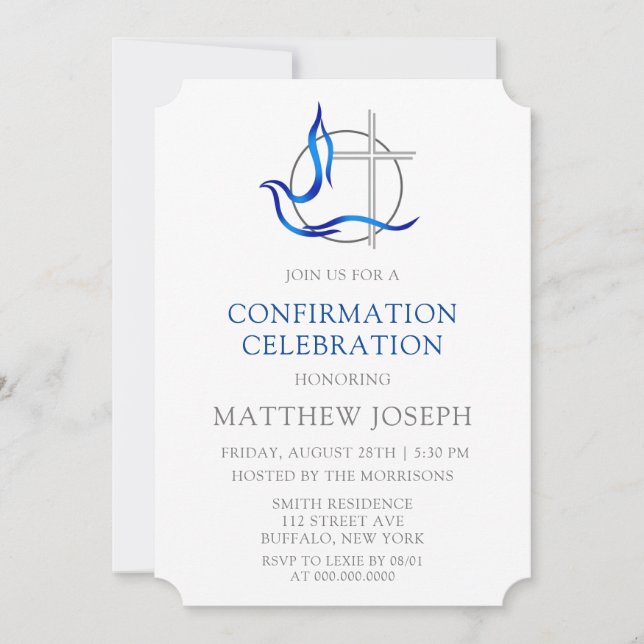 Trendy Blue and Grey Cross Dove Confirmation Invitation (Front)