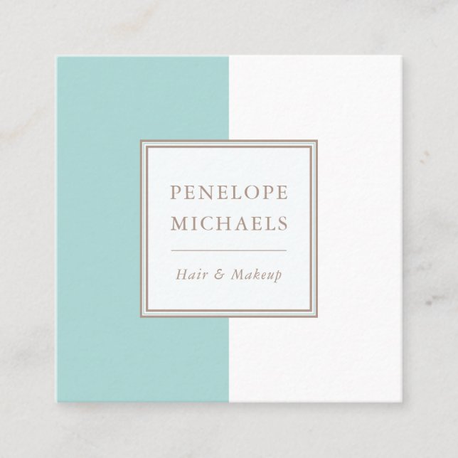 Trendy Blue and White Colour Block Square Business Card (Front)