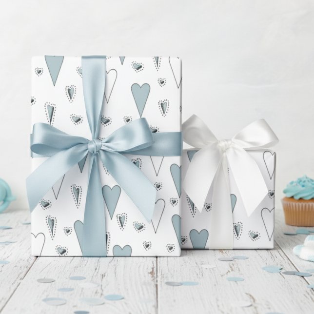 Trendy Blue and White Gender Neutral Hearts Wrapping Paper (Cute Blue Hearts Wrapping Paper for Boy Baby Shower or Valentine's Day. Heart & Polka Dots Pattern)
