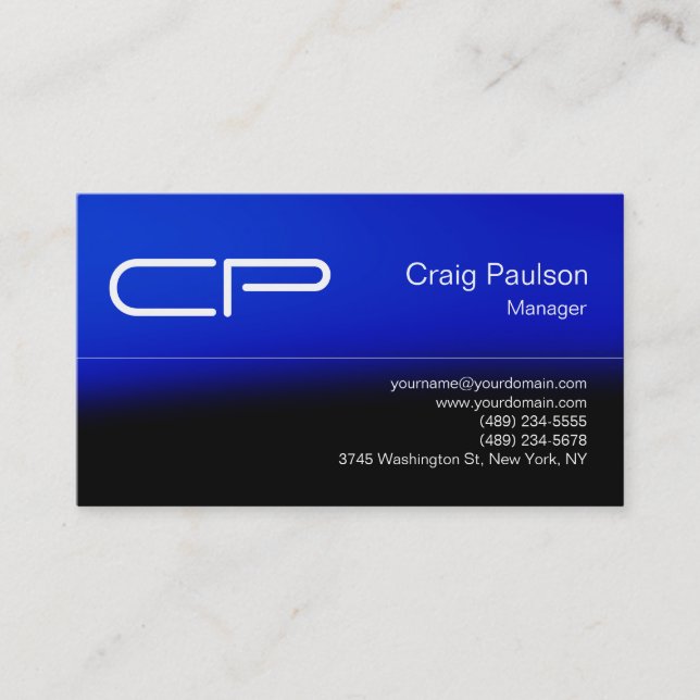 Trendy Blue Black Chic Monogram Business Card (Front)