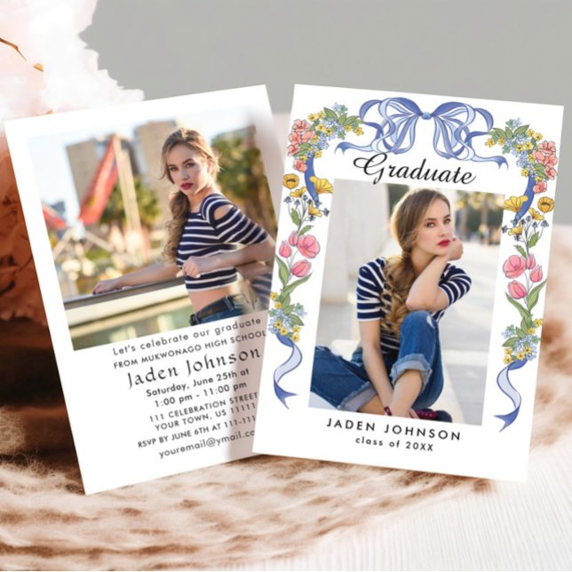 Trendy Blue Bow Coquette 2 PHOTO Graduation Party Invitation (Creator Uploaded)