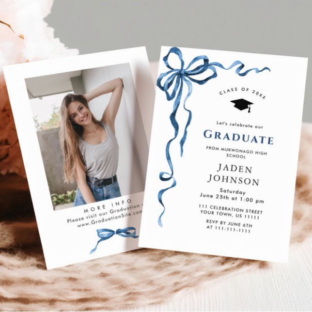 Trendy Blue Bow Coquette PHOTO Graduation Party Invitation (Creator Uploaded)